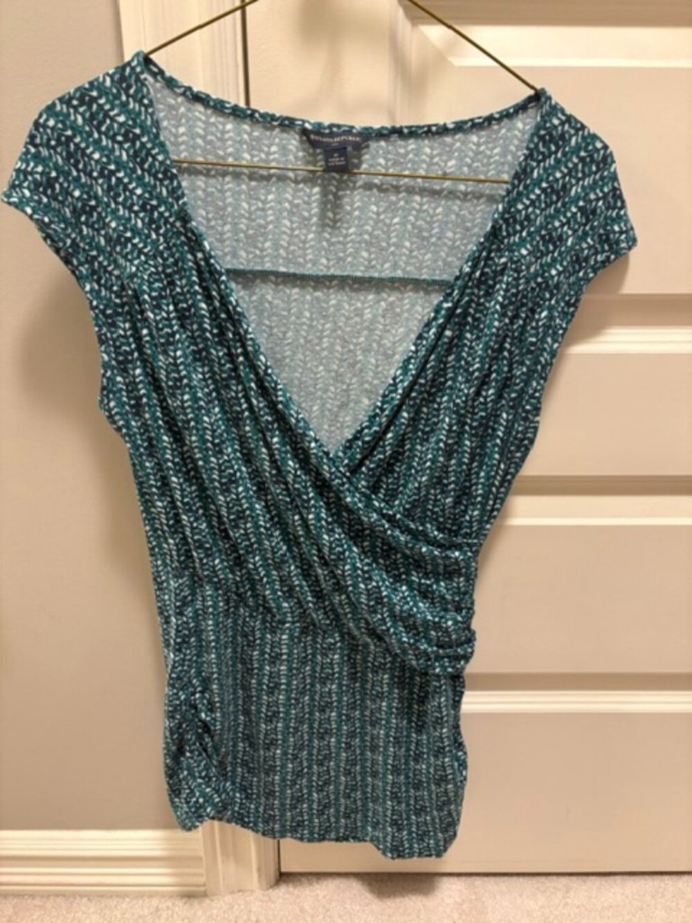 Navy Blue and Green Crossover front short-sleeve top by BANANA REPUBLIC